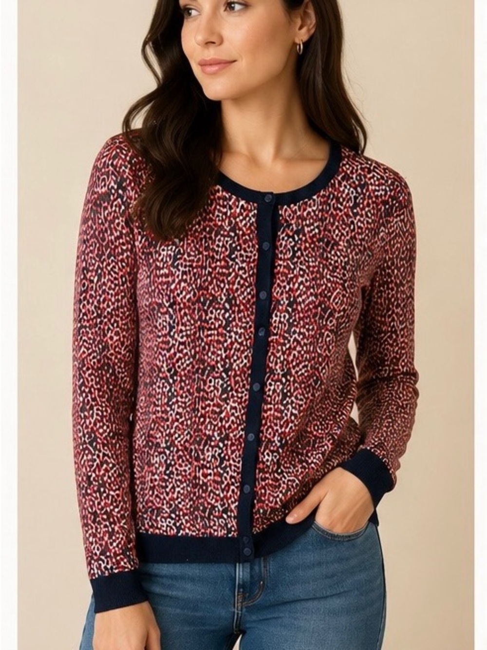 Tommy Hilfiger Red Patterned Button-Front Cardigan with Navy Trim